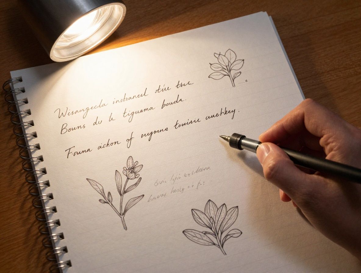 Wissenschaftliche Bücher und handgeschriebene Notizen auf einem Holztisch, botanische Zeichnungen und Lupe, weiches Lampenlicht am Abend, akademische ruhige Atmosphäre