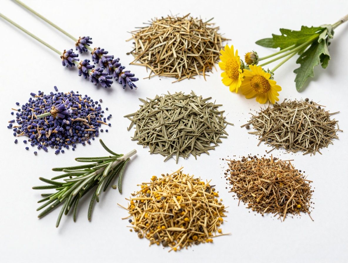 Nahaufnahme verschiedener getrockneter Kräuter und botanischer Pflanzenteile auf einem hellen Leinentuch – Lavendel, Rosmarin und Kamillenblüten mit natürlichen erdigen Farbtönen