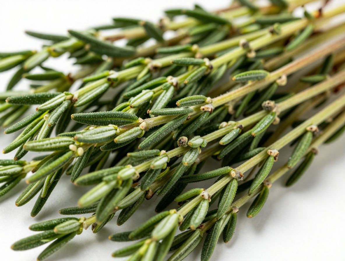 Makro-Aufnahme von frischen Kräuterzweigen – scharfe Detailaufnahme von Thymianblättern mit sichtbaren Texturen, weiches diffuses Licht, sattes Grün auf hellbeigem Hintergrund