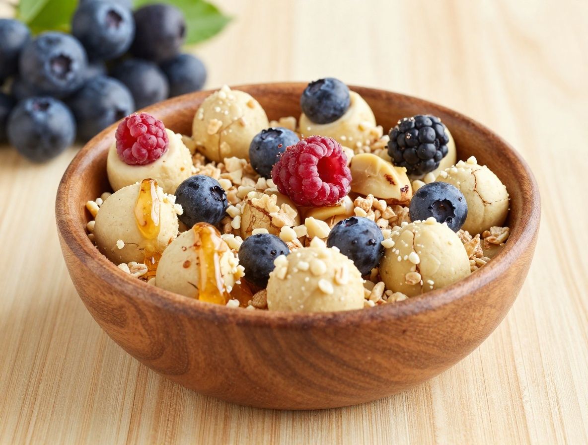 Gesundes Frühstück von oben: Haferflockenschale mit frischen Beeren, Nüssen und Honig auf einem Holztisch, natürliches Tageslicht, lebendige natürliche Farben