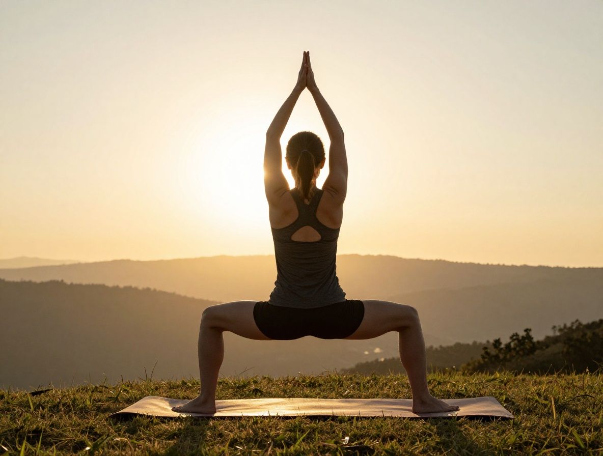 Ruhige Szene eines Menschen beim Yoga im Freien bei Sonnenaufgang – Berglandschaft im Hintergrund, weiches goldenes Licht, entspannte Atmosphäre, Fokus auf Gleichgewicht und Stille