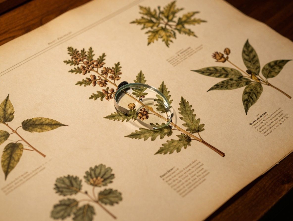 Nahaufnahme einer offenen Lupe, die auf alte botanische Buchseiten fokussiert, umgeben von getrockneten Pflanzenexemplaren auf einem Eichenholztisch, gedimmtes warmes Licht